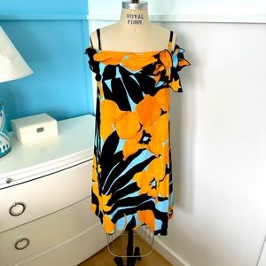 Paule Ka Blue & Orange off shoulder dress with flower detail